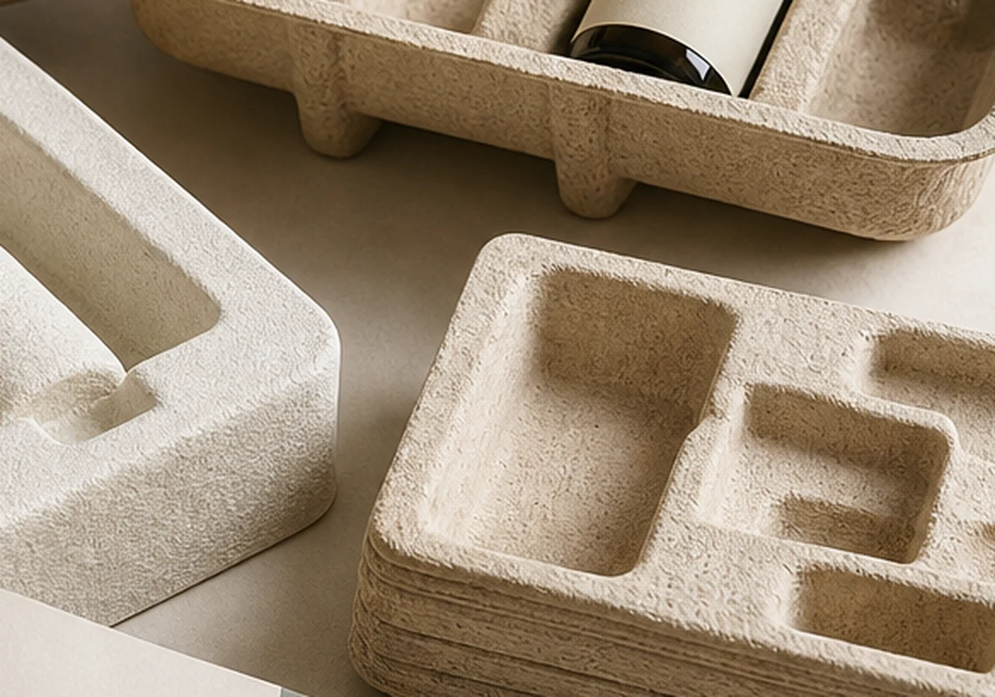 Molded pulp box insert samples with rounded cavities and natural fiber texture