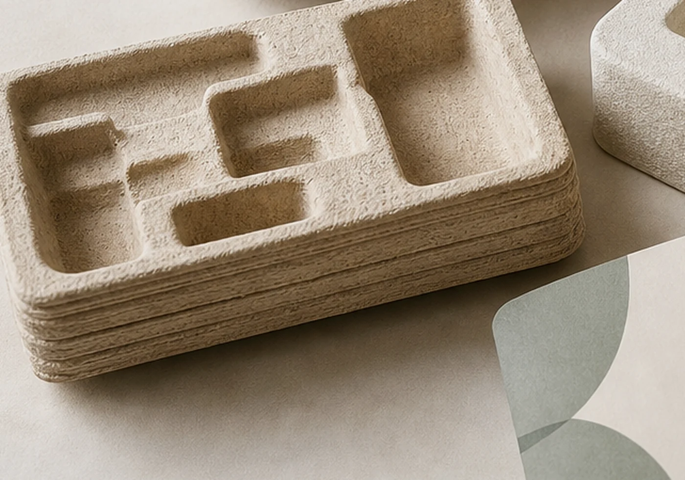 Fiber molded pulp tray packaging with formed protective cavities