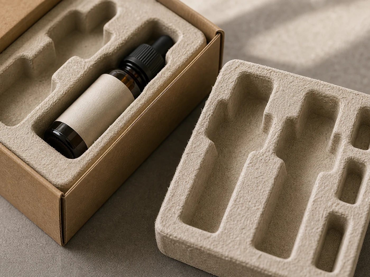 Fiber molded pulp tray packaging with formed protective cavities