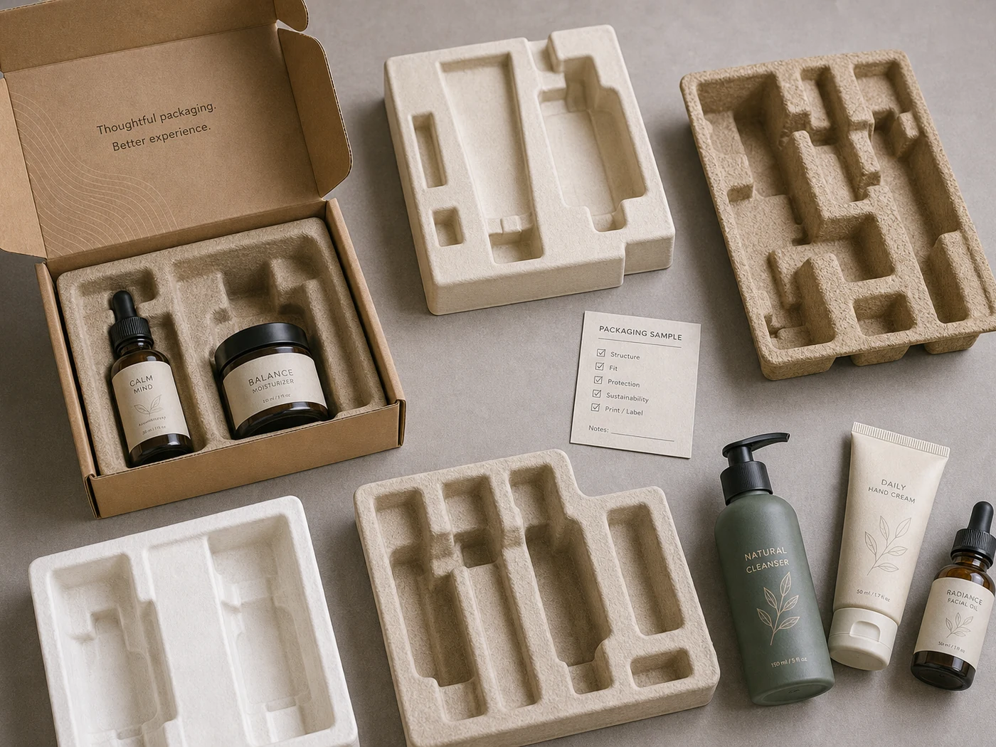 Molded pulp insert kit samples with bottles, trays, and packaging spec card