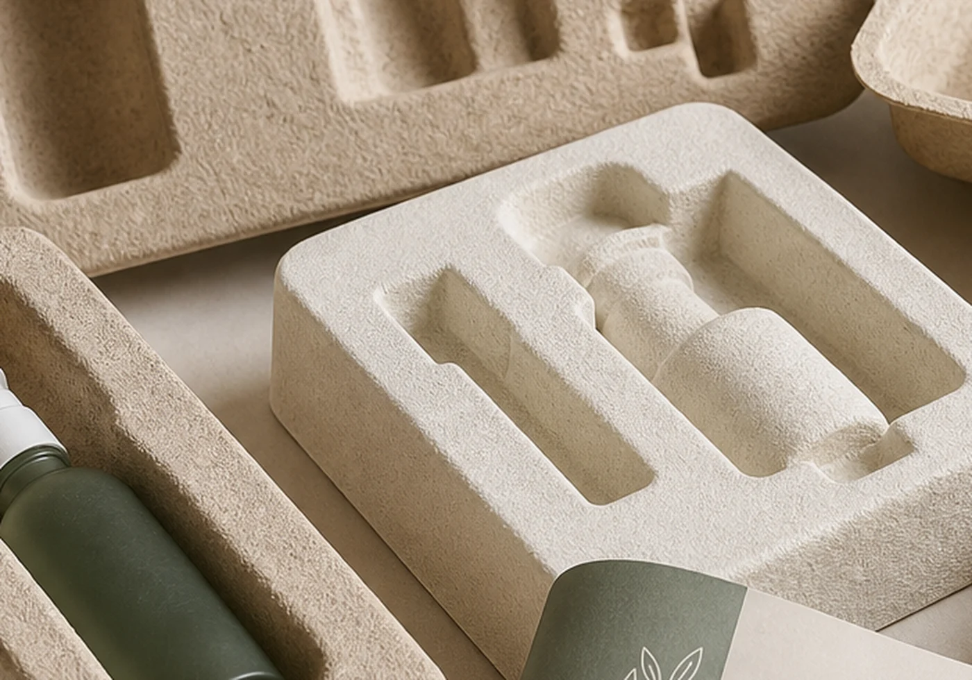 Fiber molded pulp tray packaging with formed protective cavities