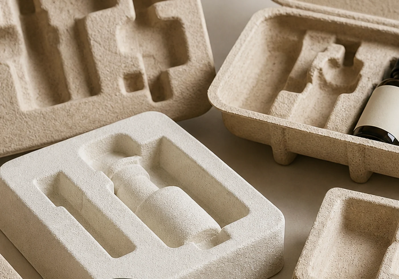 Fiber molded pulp tray packaging with formed protective cavities