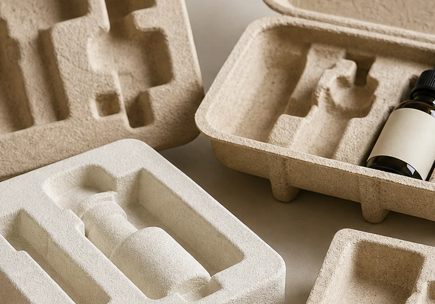Molded pulp tray samples with repeated cavities and stacked fiber packaging pieces