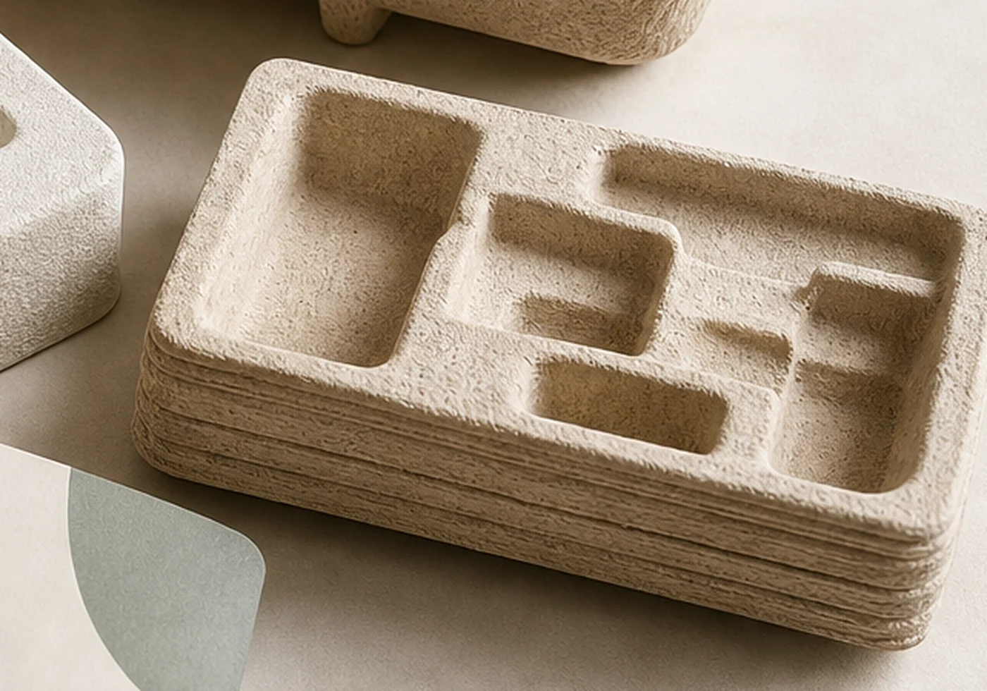 Fiber molded pulp tray packaging with formed protective cavities