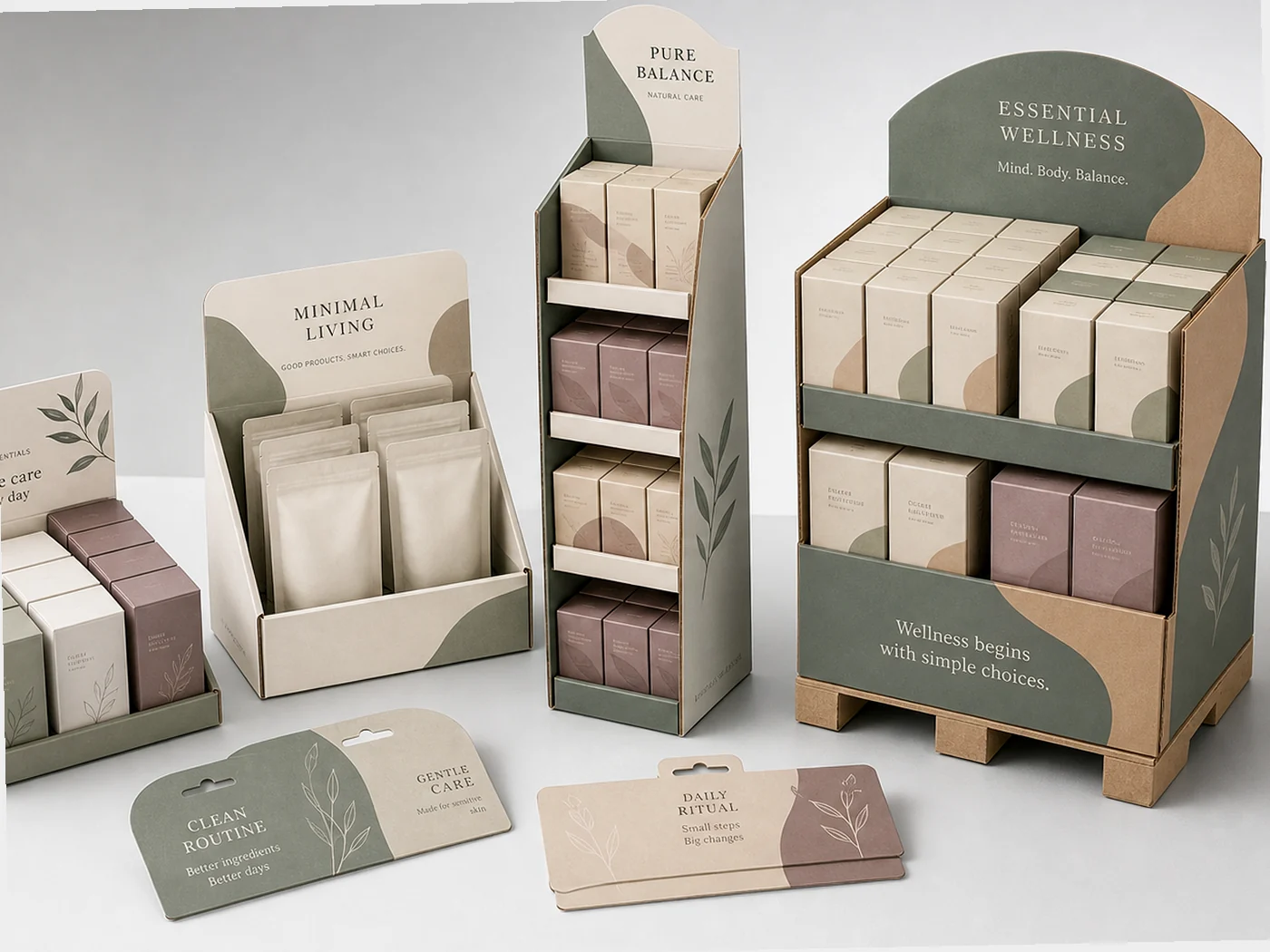 Retail display packaging structures arranged for shelf and merchandising presentation