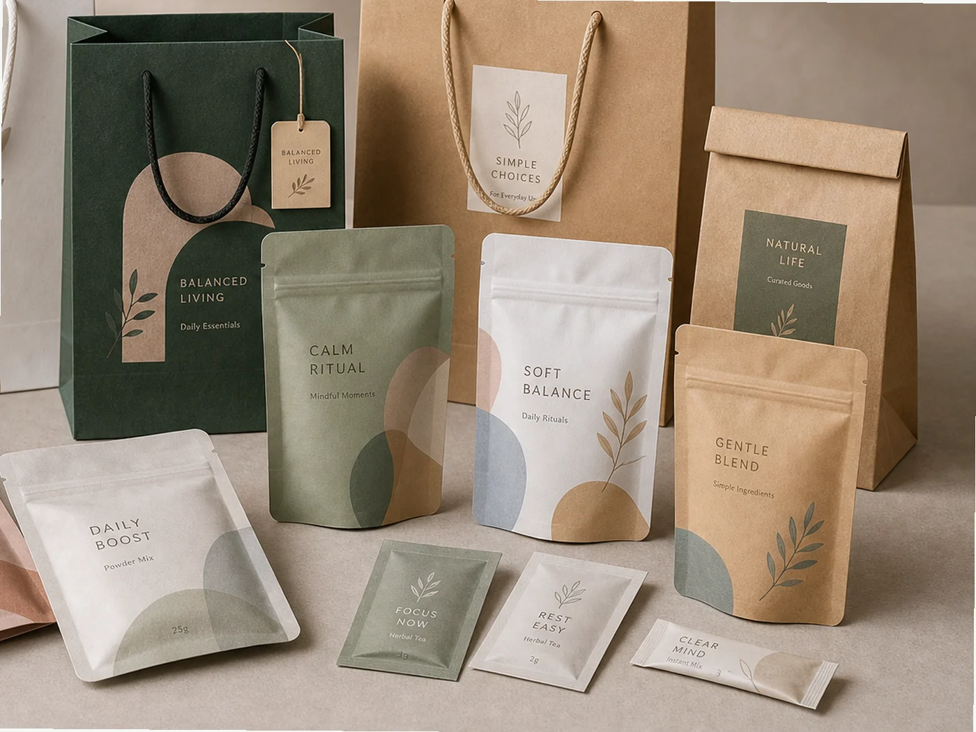 Custom flexible pouch and paper bag packaging set for retail product presentation