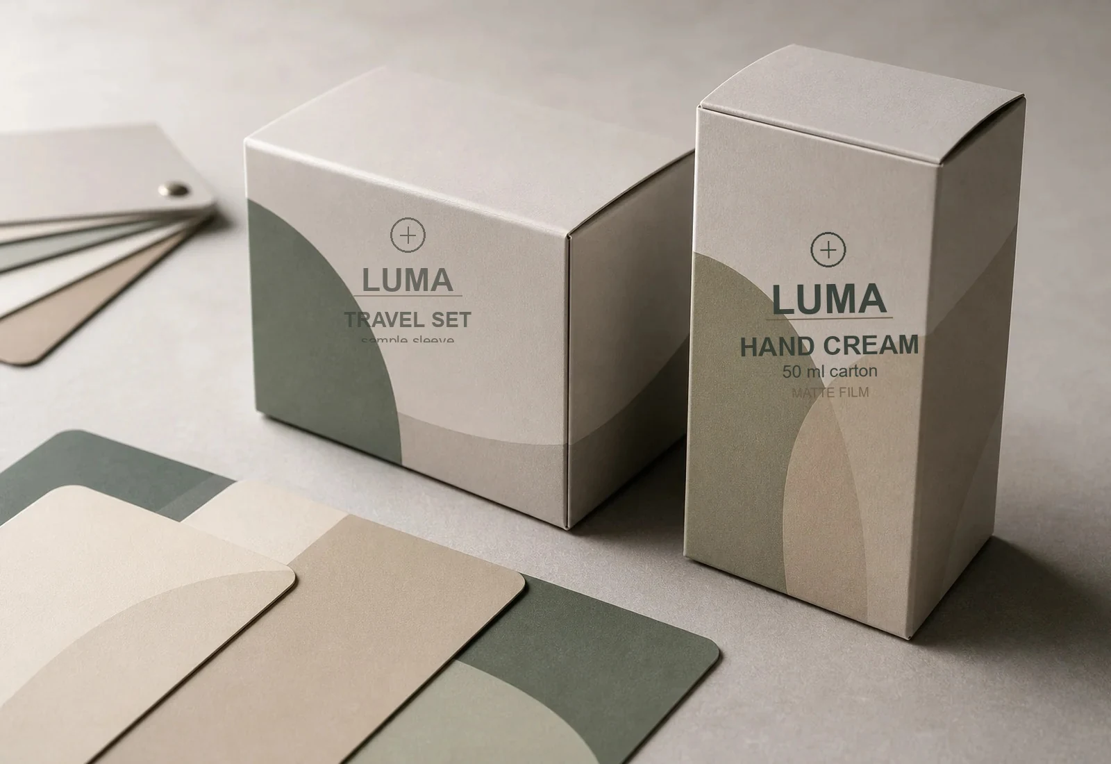 Matte laminated Luma hand cream cartons with non-glare finish samples