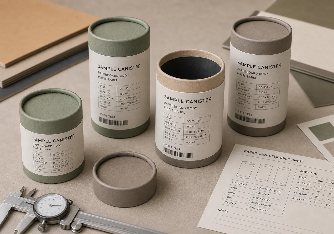 Paper canister packaging samples with removable lids, liner detail, and spec sheet