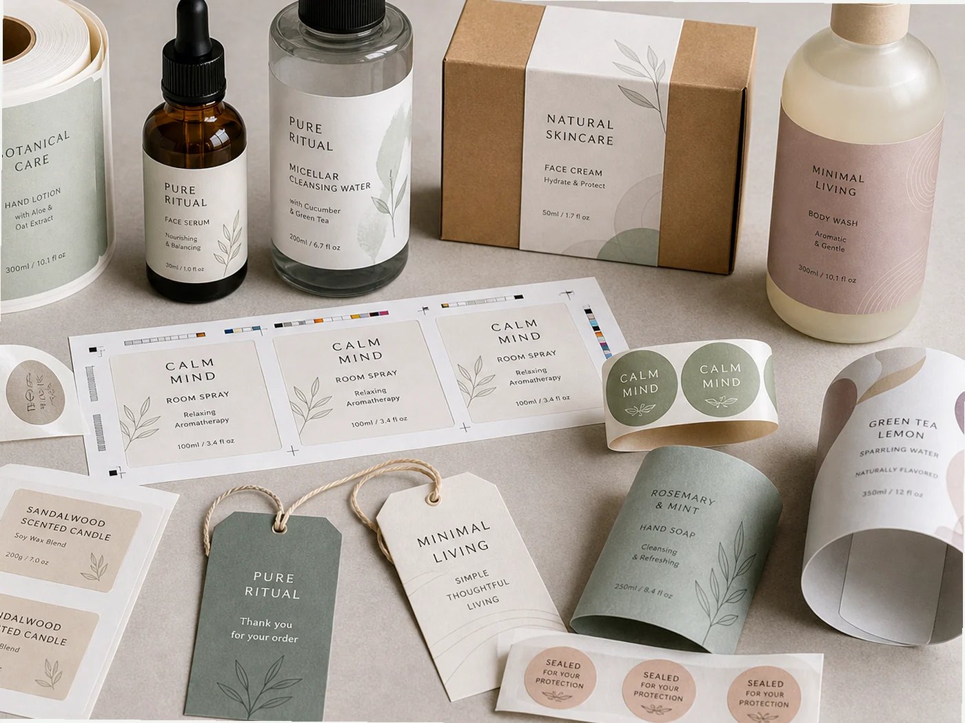 Printed labels, sleeves, stickers, and hang tags arranged with branded packaging components