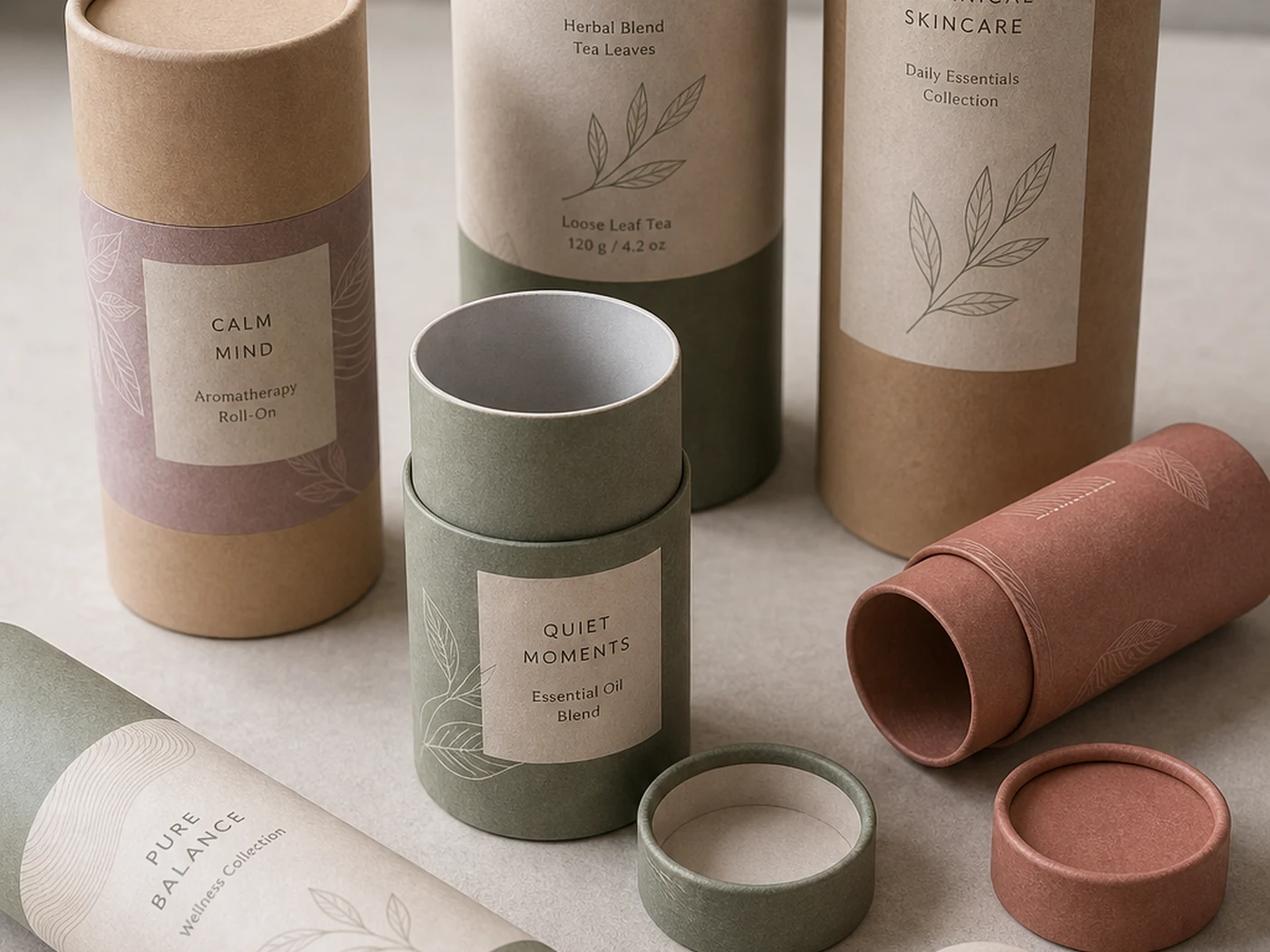 Paper tube box samples with open lids, printed labels, and different diameters
