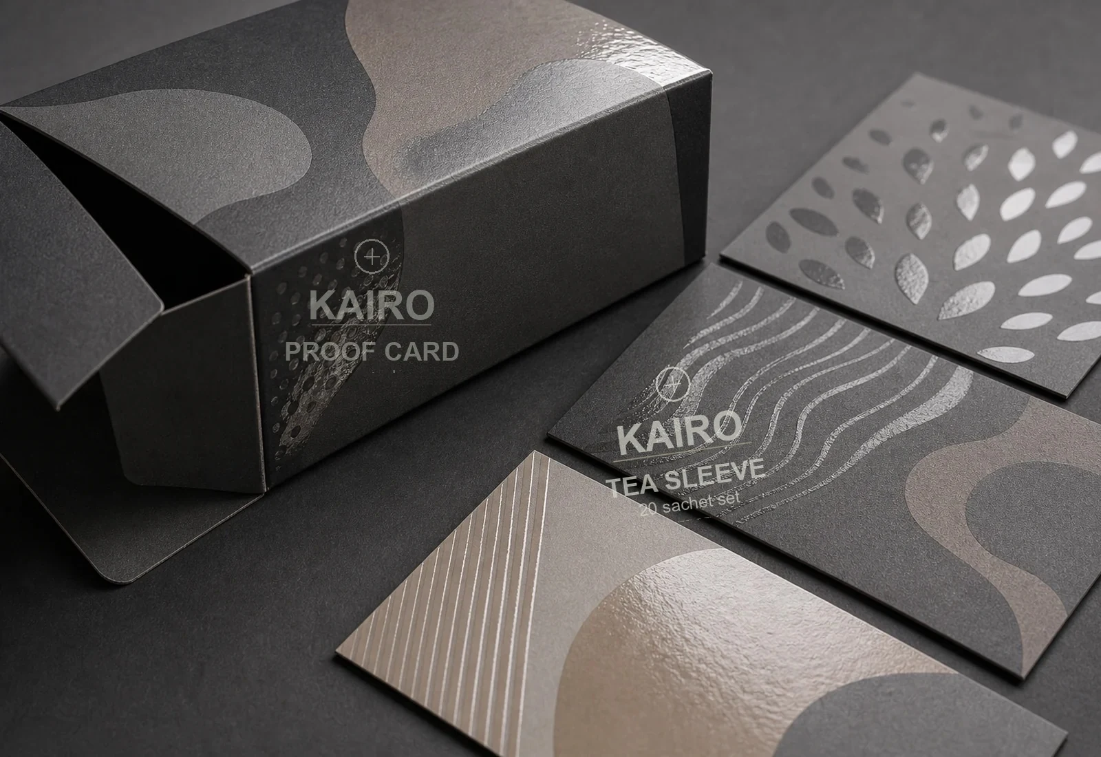 Reverse UV Kairo tea sleeve packaging samples with matte and glossy texture contrast