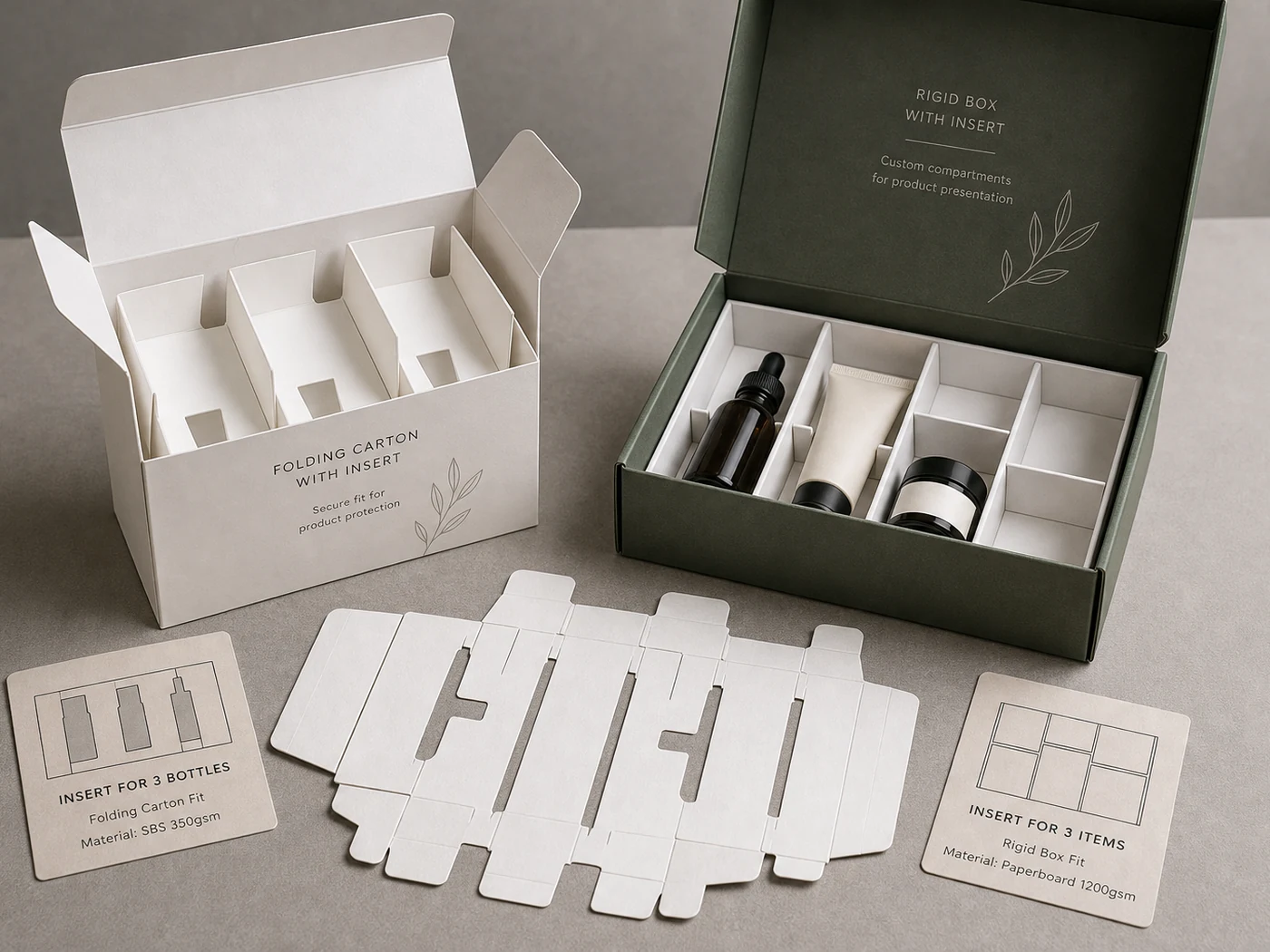 Paperboard insert kit with folded dividers, printed instructions, and sample boxes