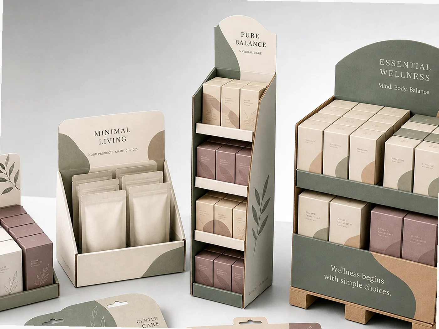 Retail display packaging structures arranged for shelf and merchandising presentation