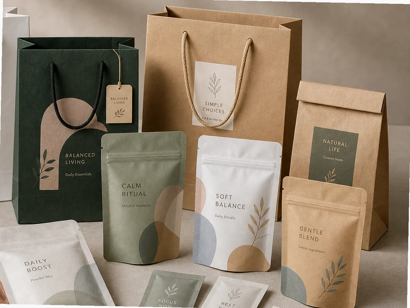 Custom flexible pouch and paper bag packaging set for retail product presentation
