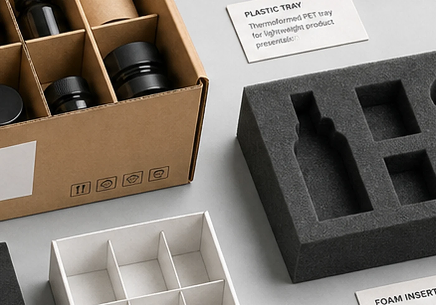 Open box packaging with paper insert and protective filler