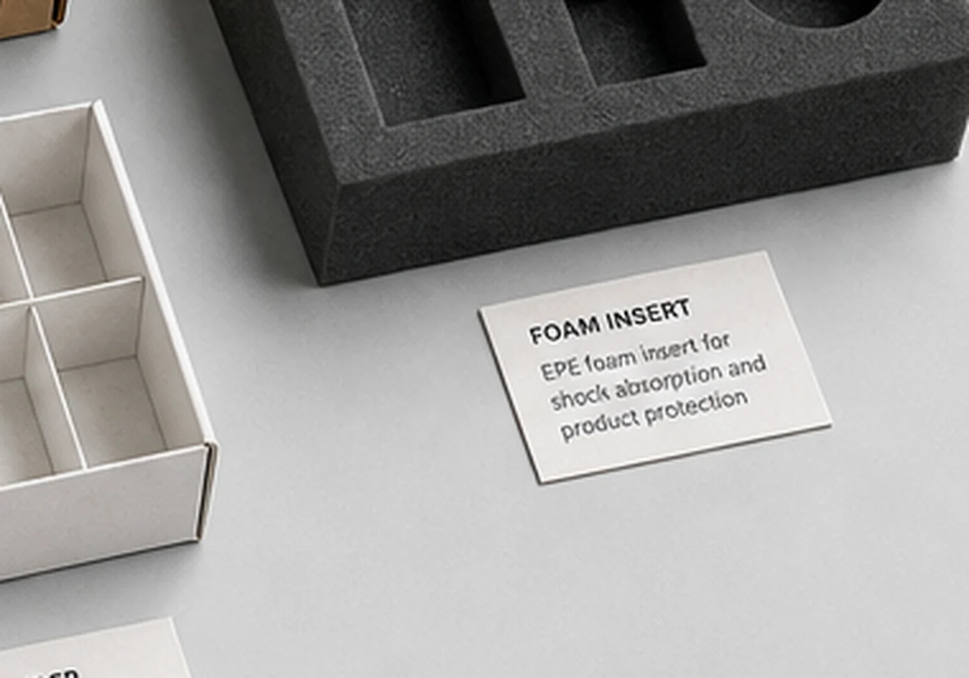 Plastic insert tray sample with compartments, product cavities, and spec card