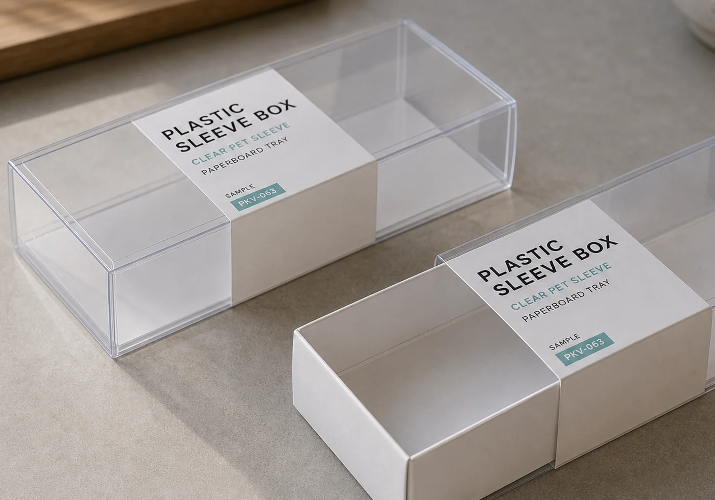 Plastic sleeve box close-up showing clear sleeve, tray insert, and sliding packaging construction