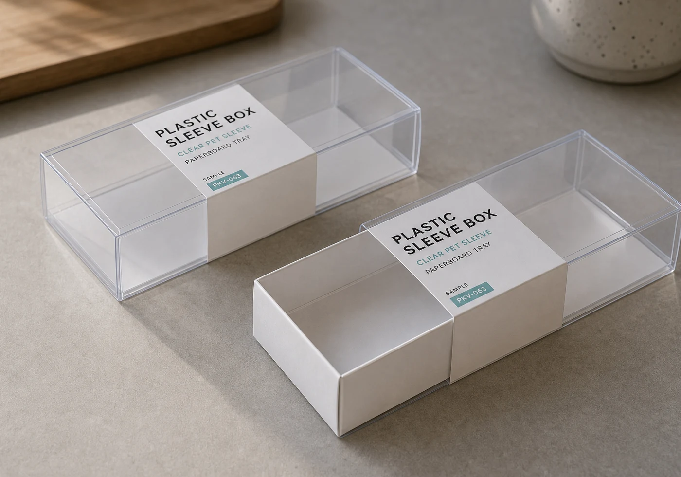 Clear plastic sleeve box samples with PET sleeves sliding over paperboard trays