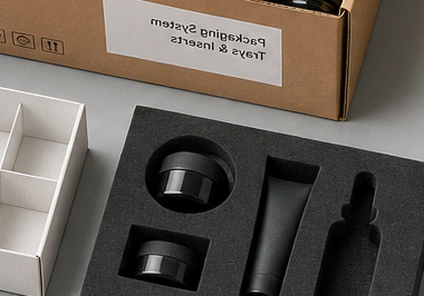 Plastic tray packaging sample with formed cavities and protective carton context