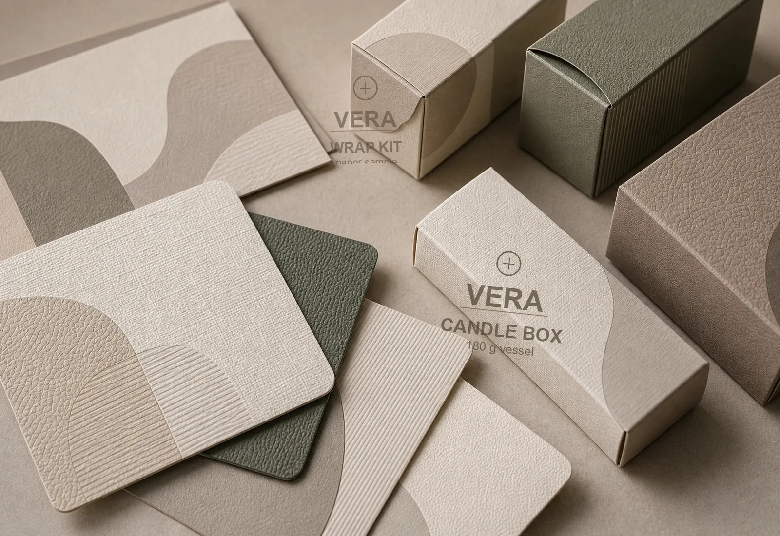 Textured Vera candle box packaging with tactile finish sample cards