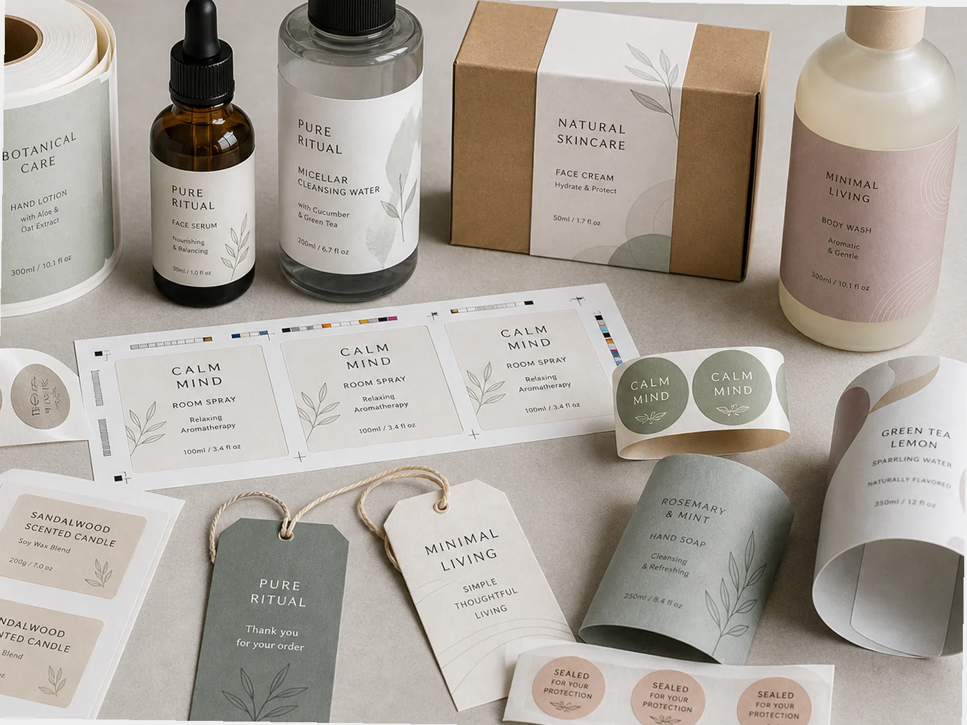 Printed labels, sleeves, stickers, and hang tags arranged with branded packaging components