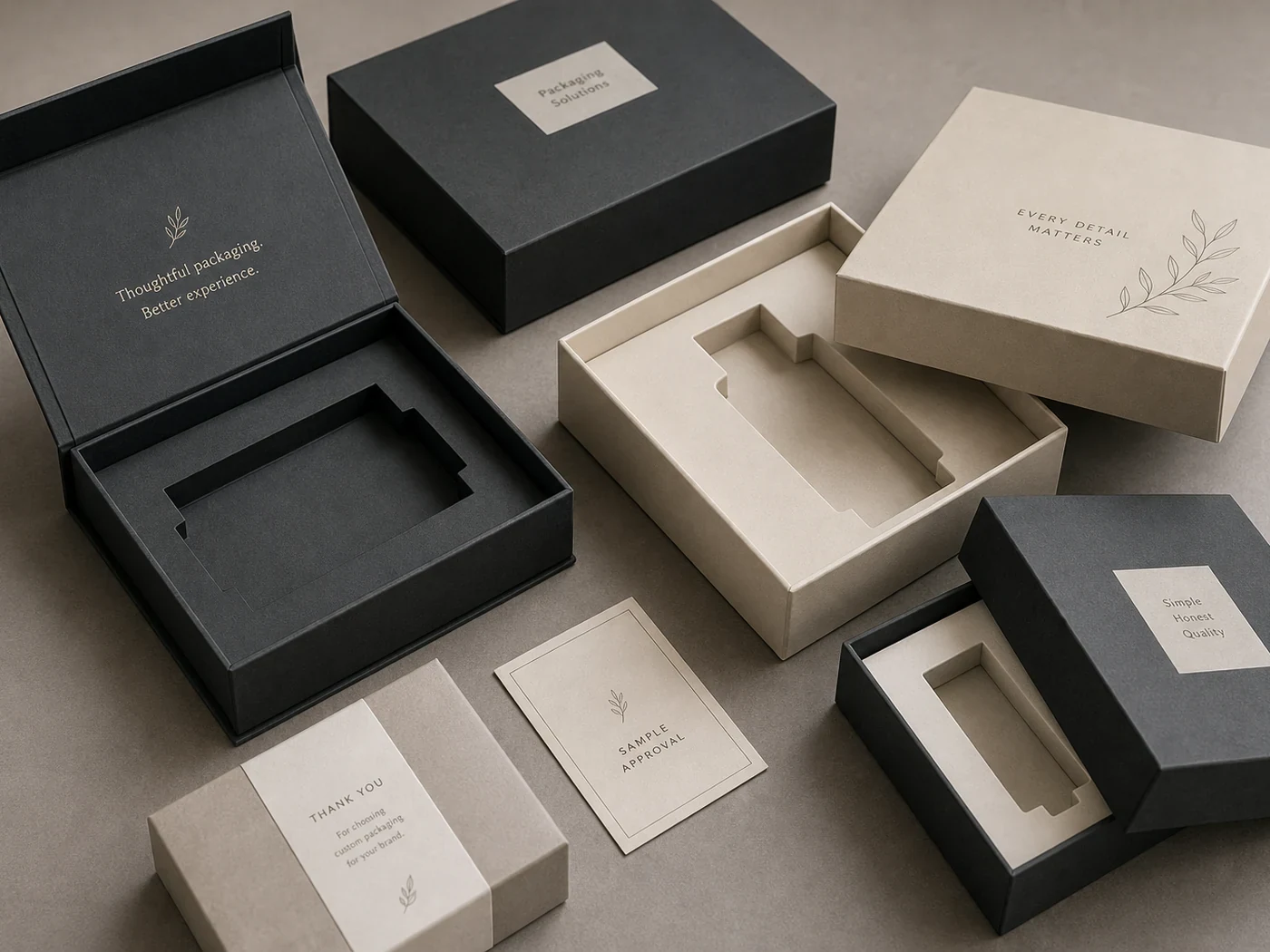 Rigid box sample set with lift-off lids, insert trays, and printed cards