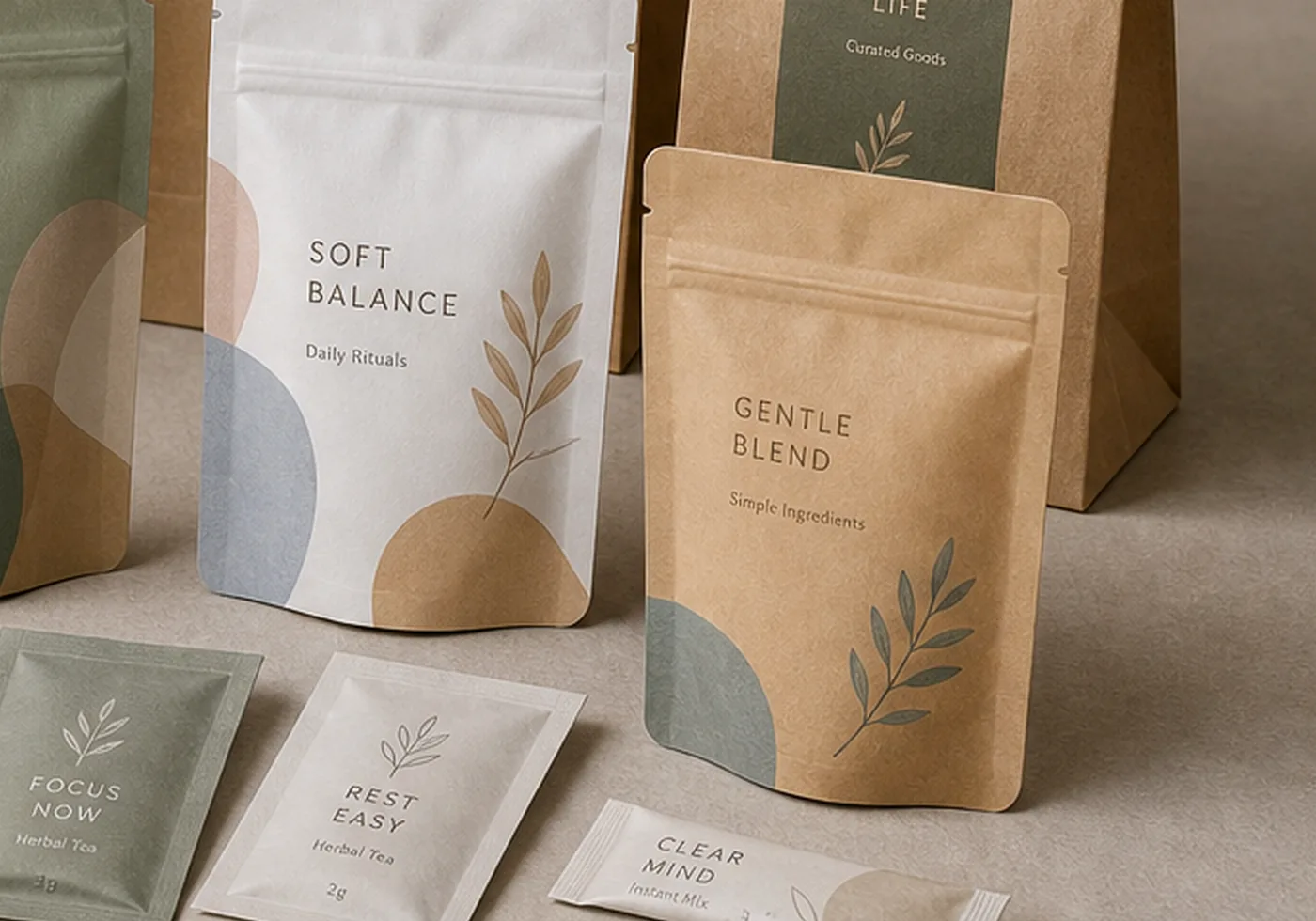 Custom flexible pouch and paper bag packaging set for retail product presentation