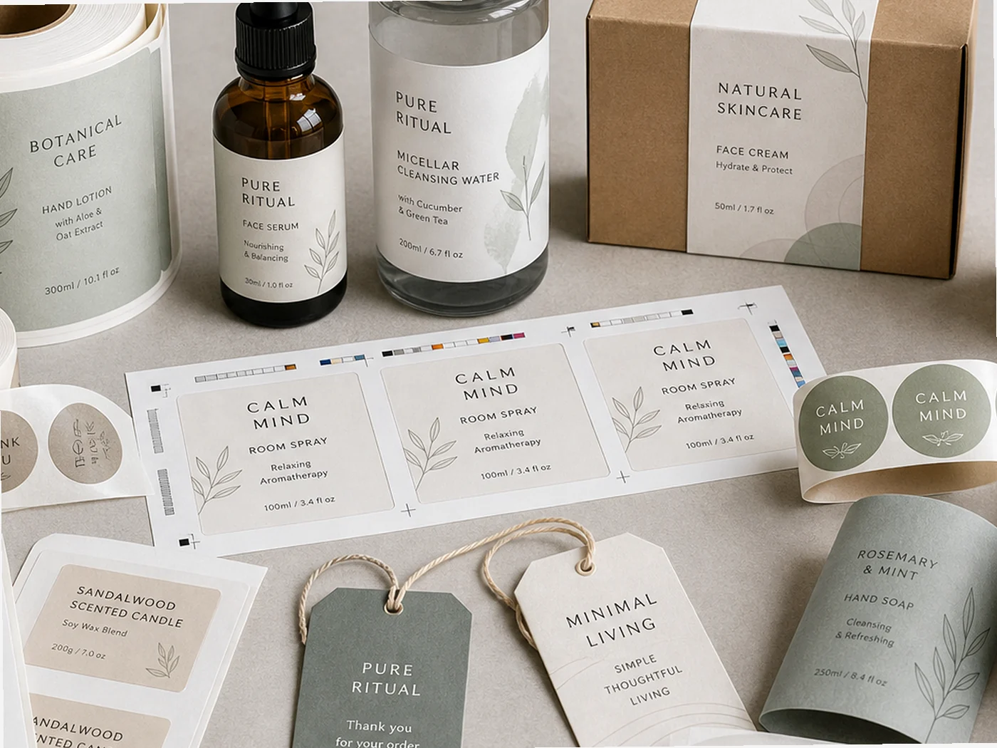 Printed labels, sleeves, stickers, and hang tags arranged with branded packaging components