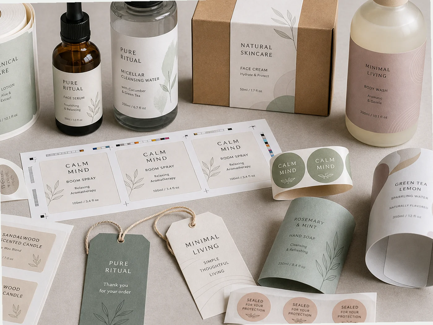 Printed labels, sleeves, stickers, and hang tags arranged with branded packaging components