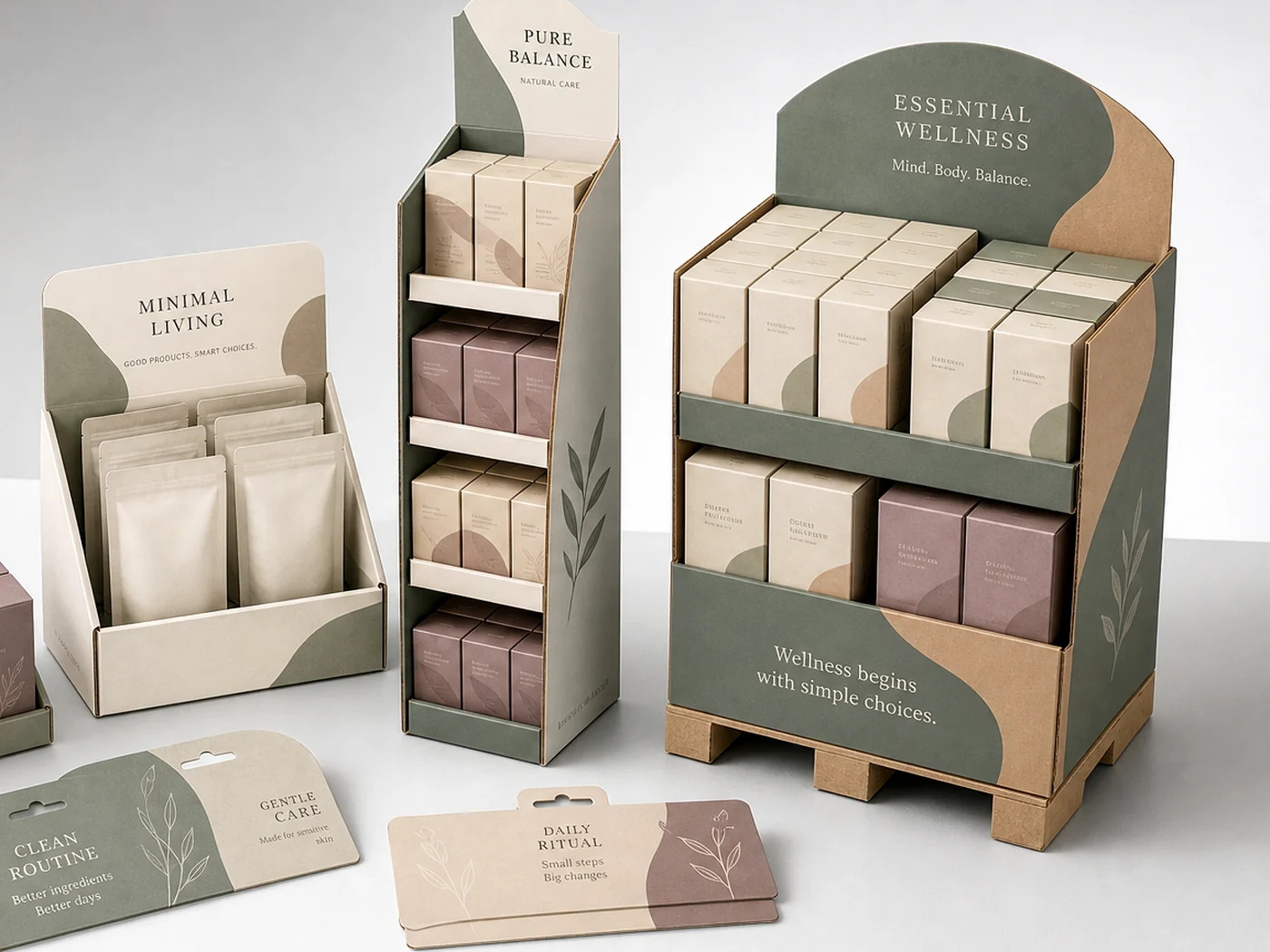 Retail display packaging structures arranged for shelf and merchandising presentation