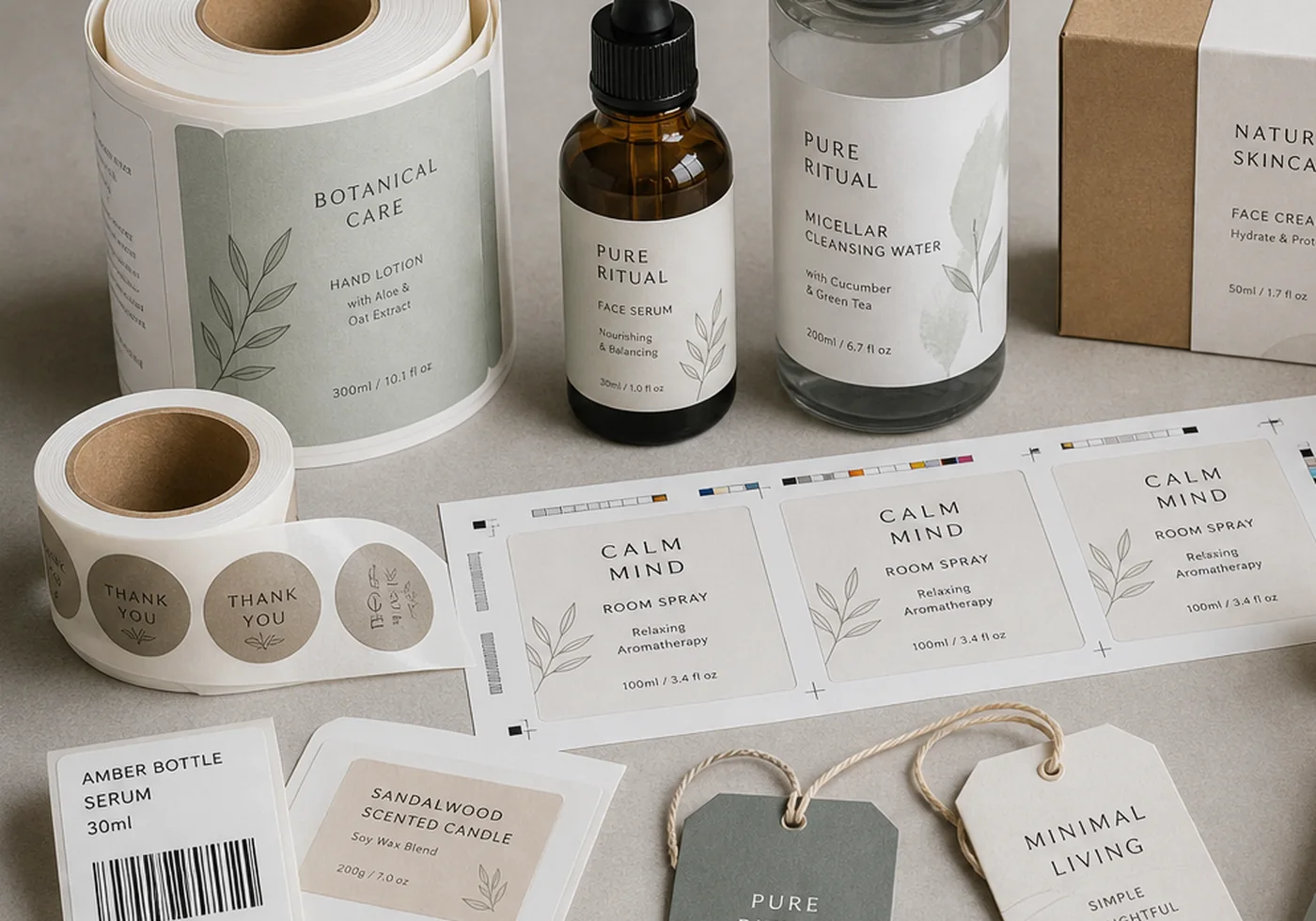 Paper sleeve packaging close-up with wrap sleeve, product bottle set, and printed sample sheet