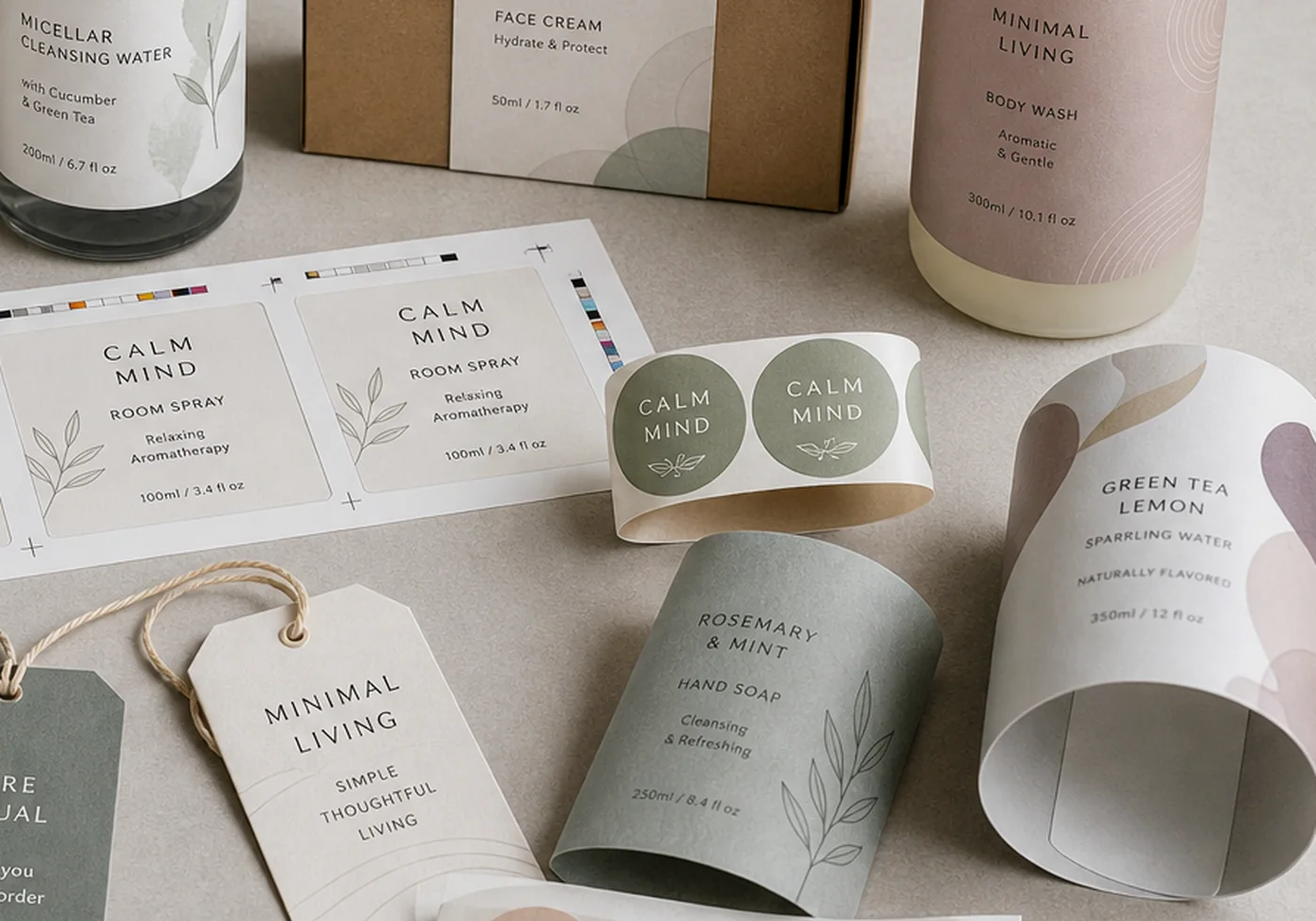 Sleeve box packaging samples with printed sleeves, inner trays, and label proofs