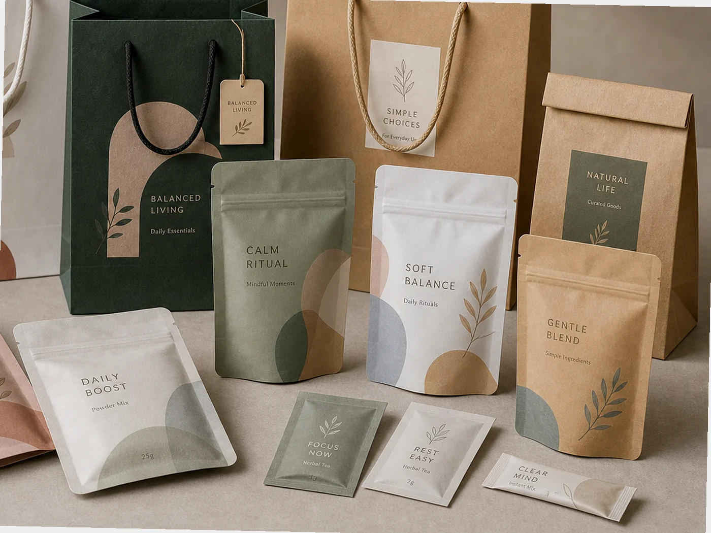 Custom flexible pouch and paper bag packaging set for retail product presentation