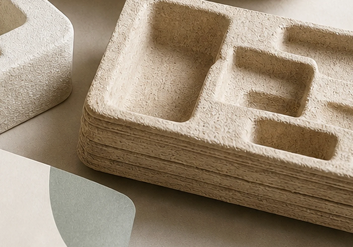 Fiber molded pulp tray packaging with formed protective cavities