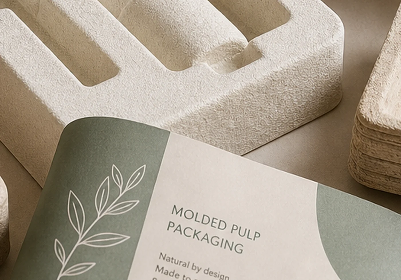 Sugarcane bagasse molded pulp packaging sample with formed cavities and printed label