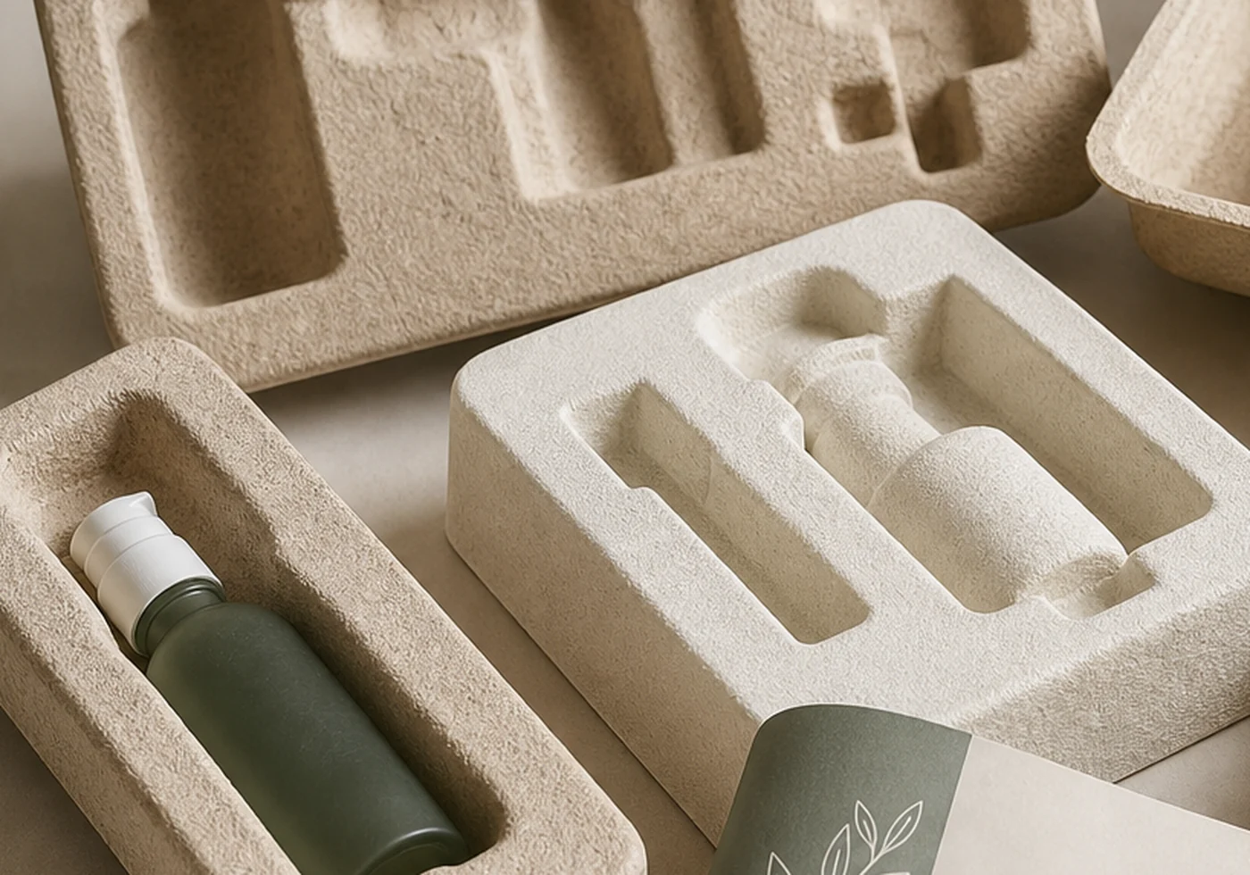 Fiber molded pulp tray packaging with formed protective cavities