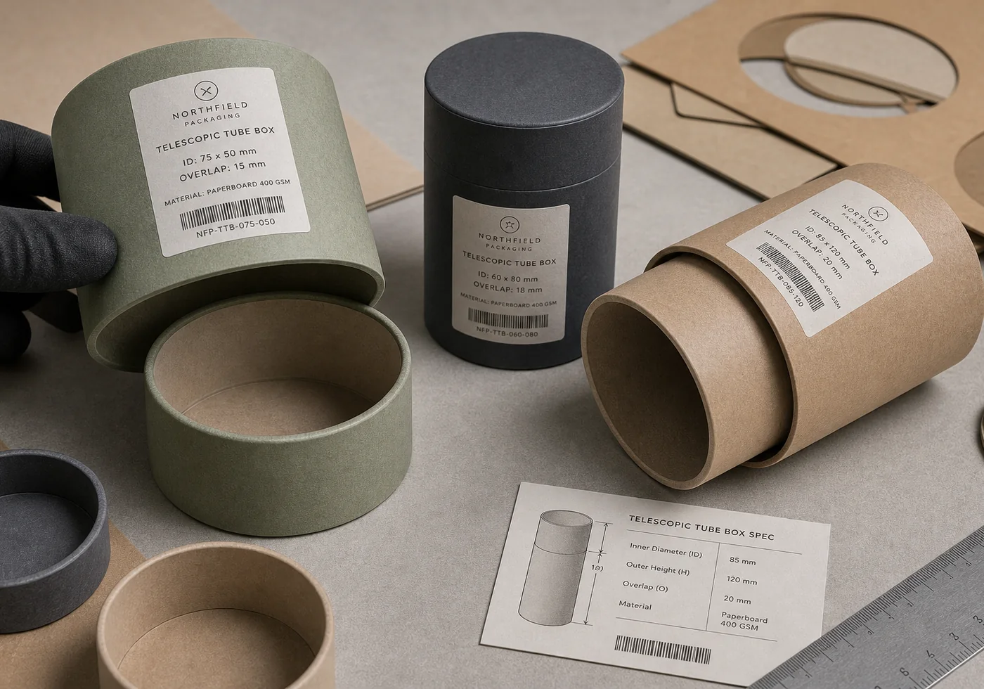 Telescopic paper tube box samples with nested lids, overlap detail, and dimension card