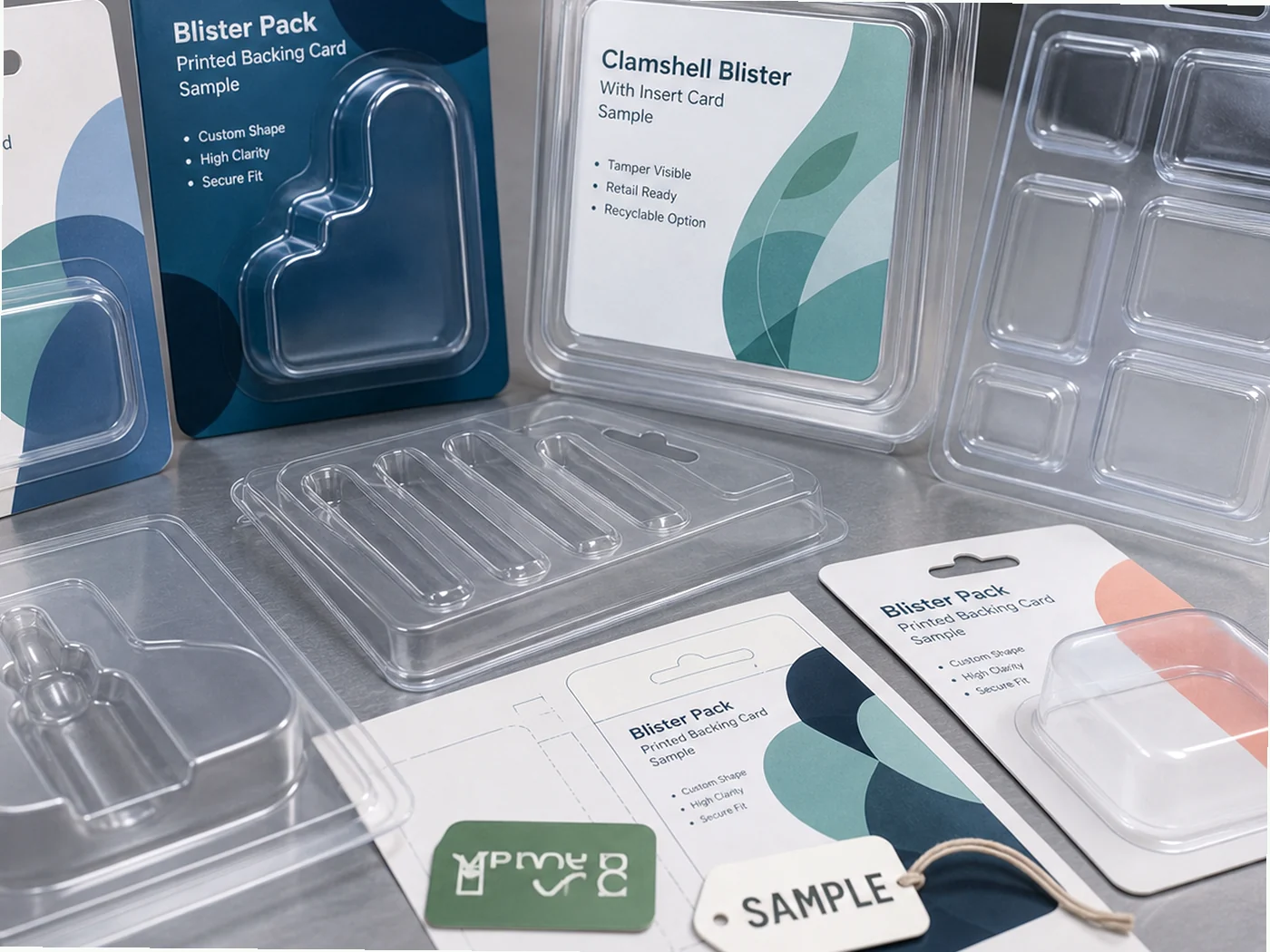 Clear thermoformed blister and tray packaging samples with printed backing cards