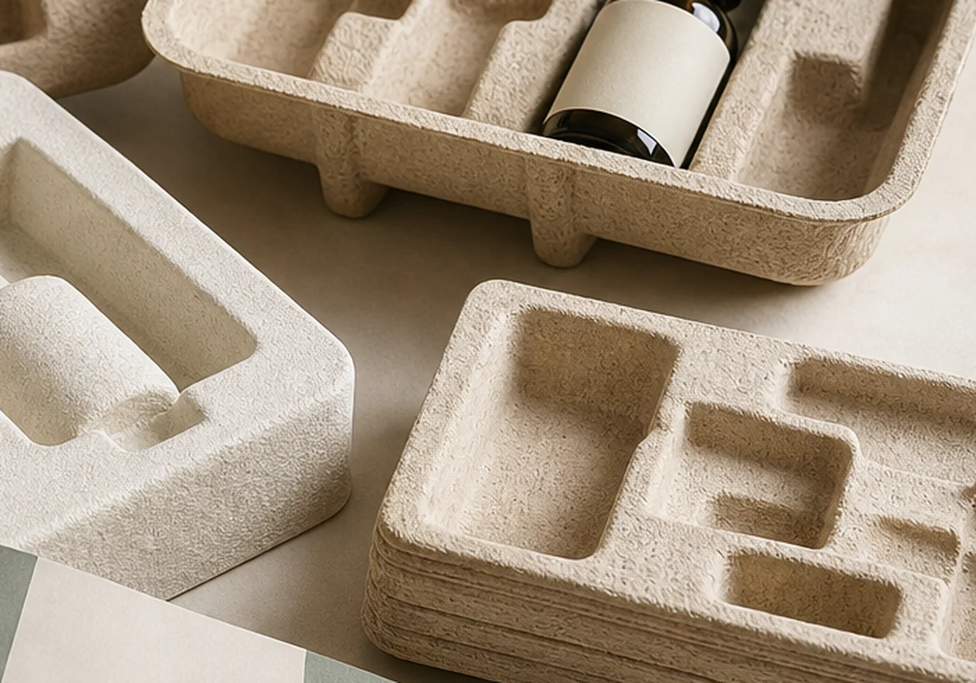 Fiber molded pulp tray packaging with formed protective cavities
