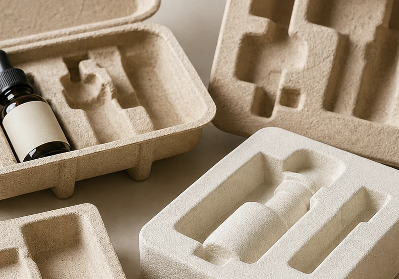 Fiber molded pulp tray packaging with formed protective cavities