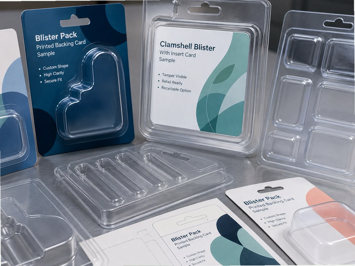 Clear thermoformed blister and tray packaging samples with printed backing cards