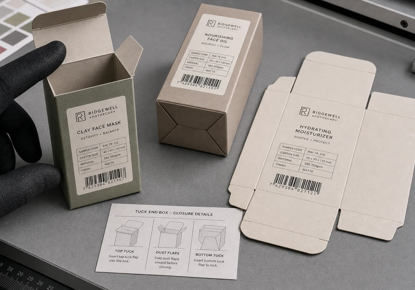 Tuck-end carton closure detail with open flaps, fold lines, and sample code labels