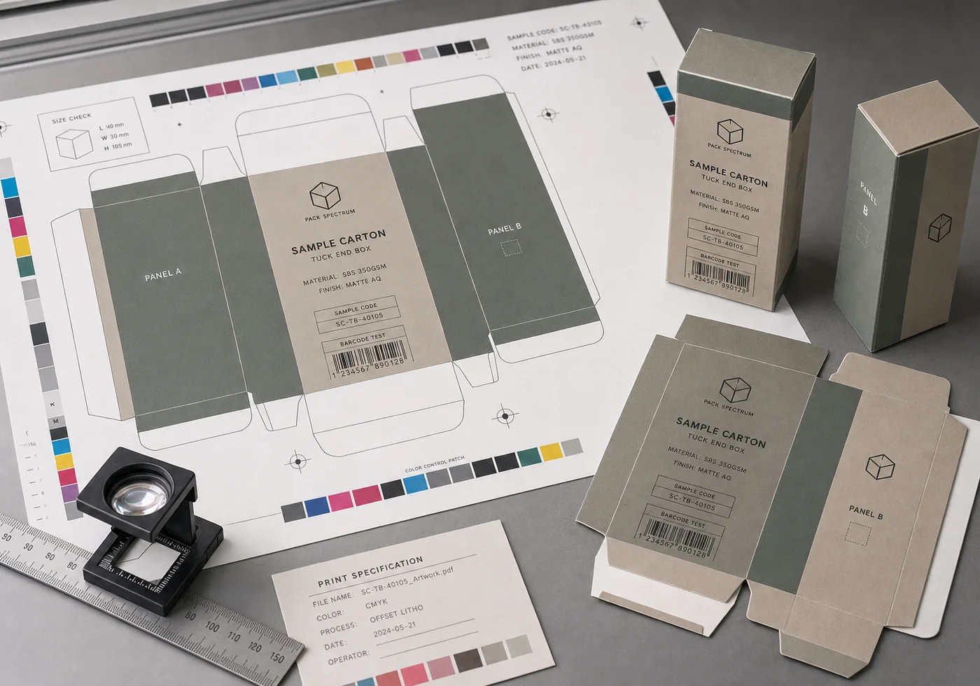 Tuck-end carton print proof with dieline sheet, color bars, and assembled sample boxes