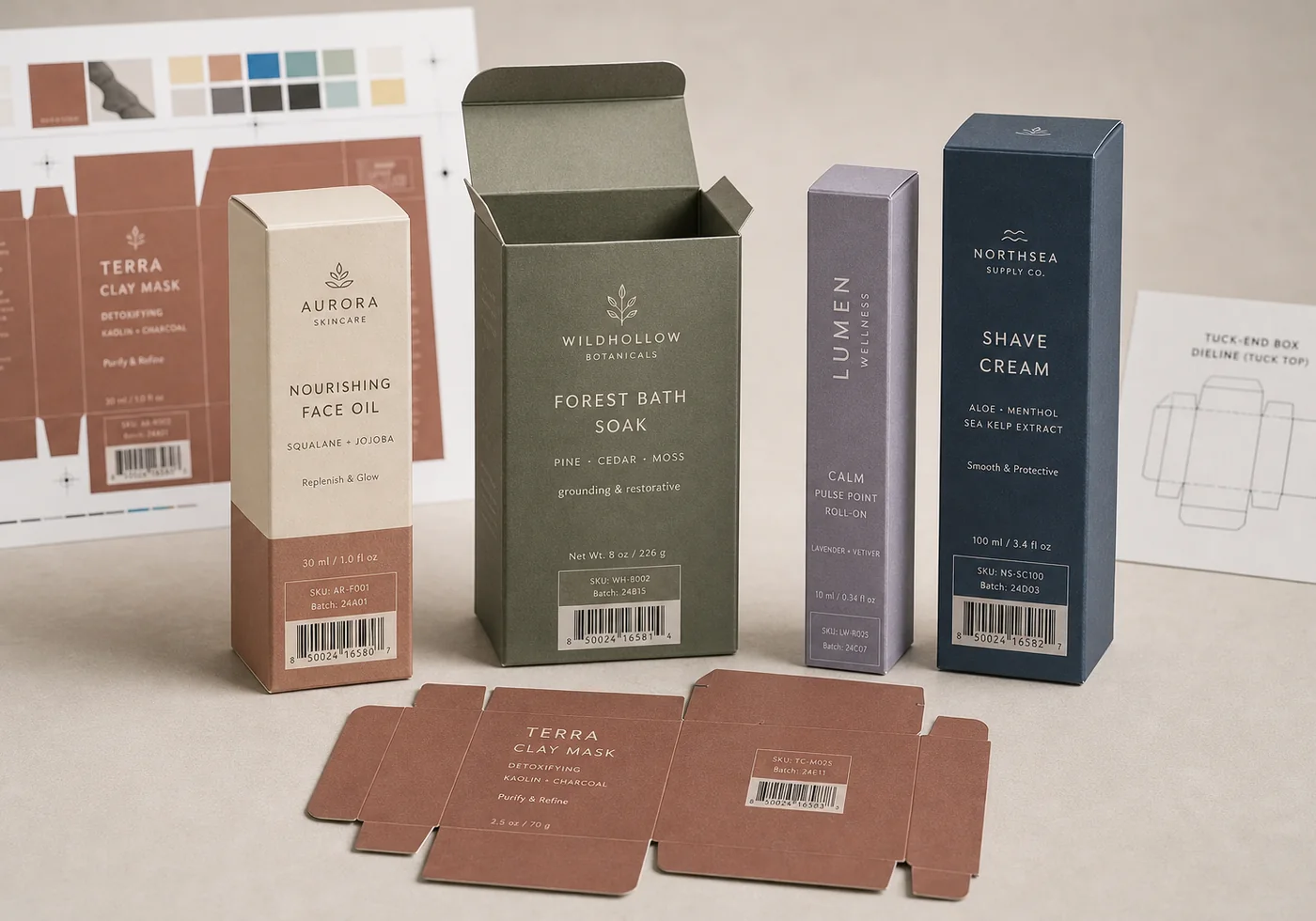 Tuck-end folding carton samples with printed product panels, open flap, and dieline card