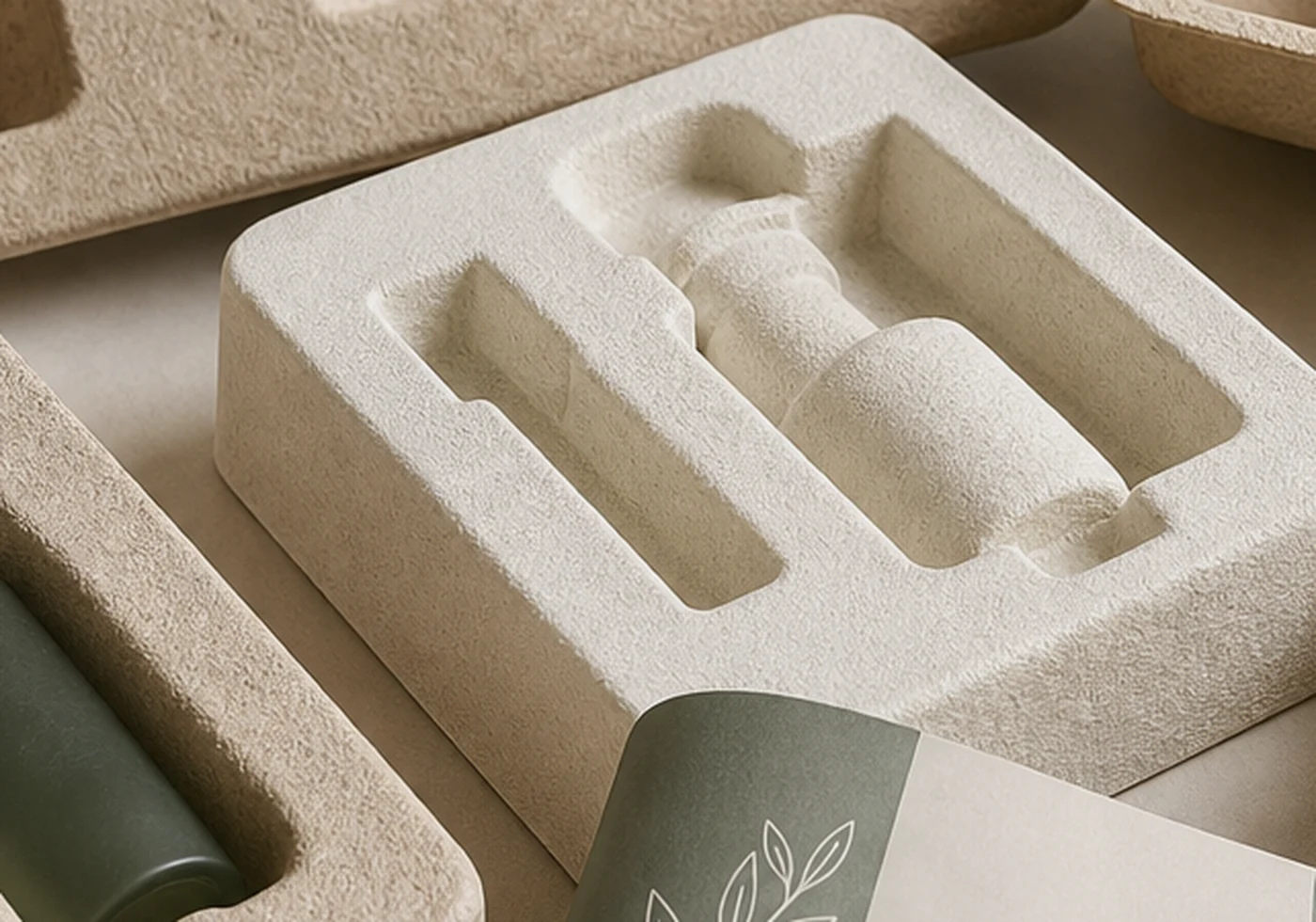 Fiber molded pulp tray packaging with formed protective cavities