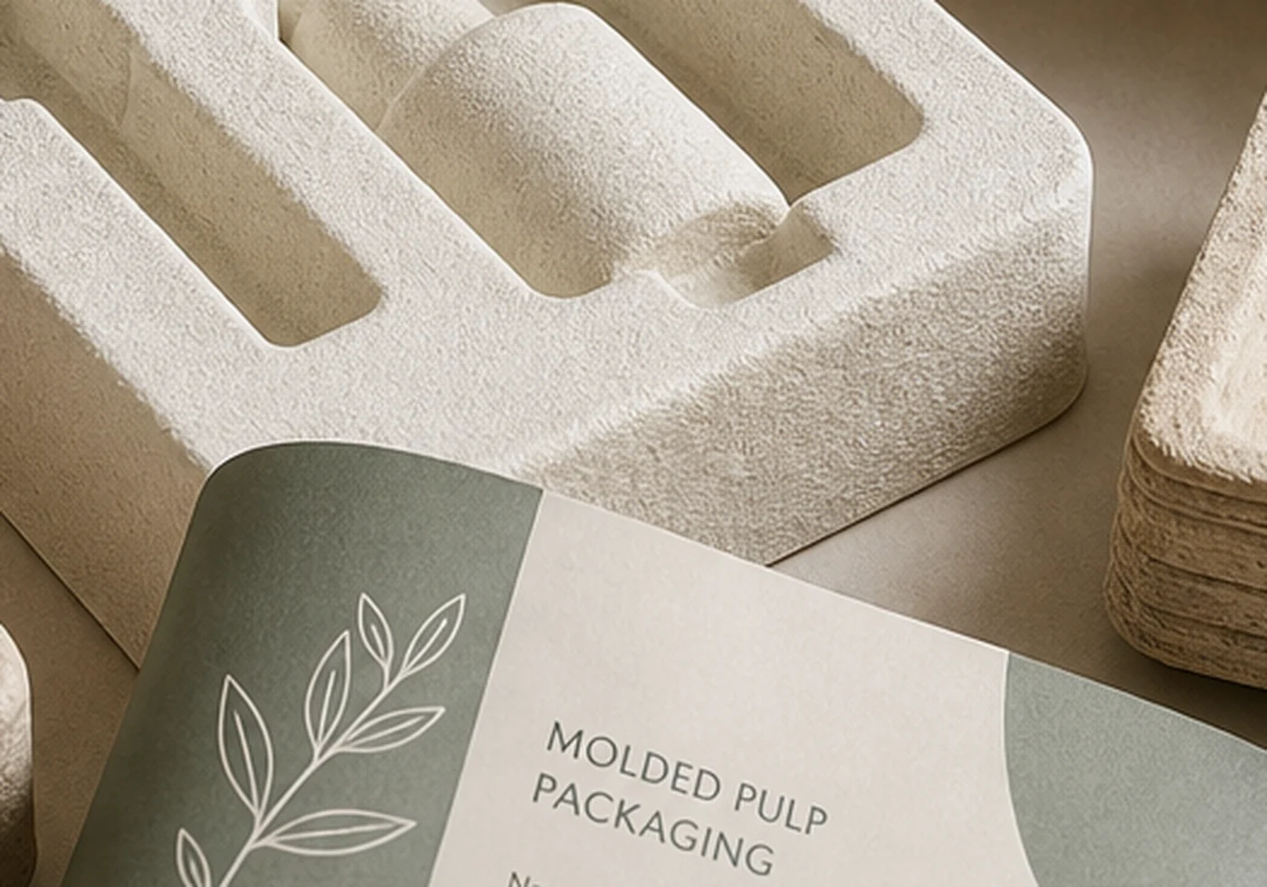 Wet-press molded pulp packaging sample with smooth cavities and wrapped sample part