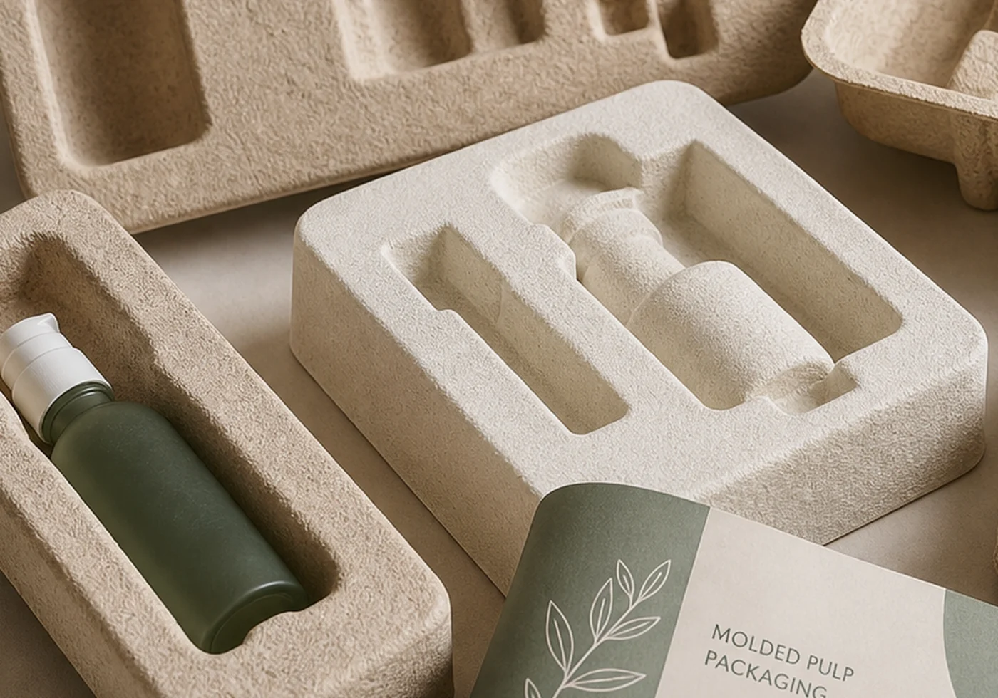 Fiber molded pulp tray packaging with formed protective cavities