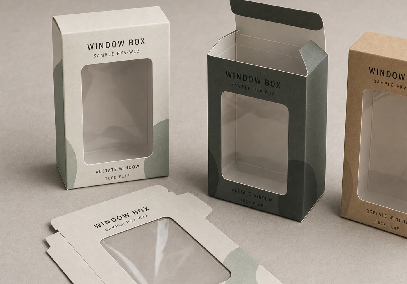 Paperboard window box samples with clear acetate windows and printed sample labels