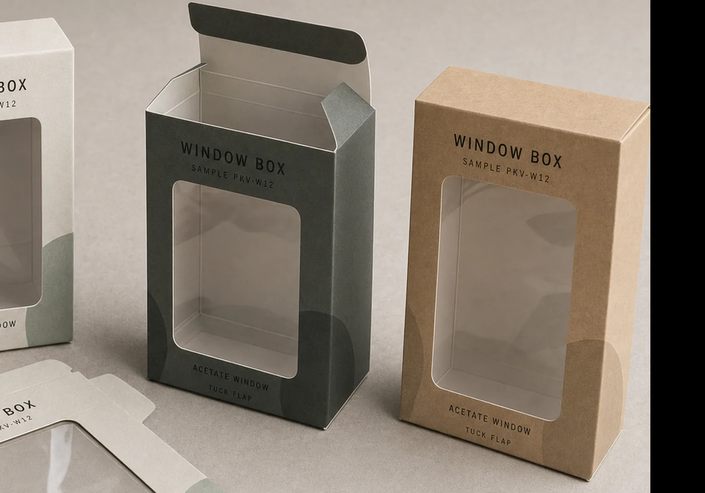Window carton close-up showing acetate film, die-cut window, and open tuck flap