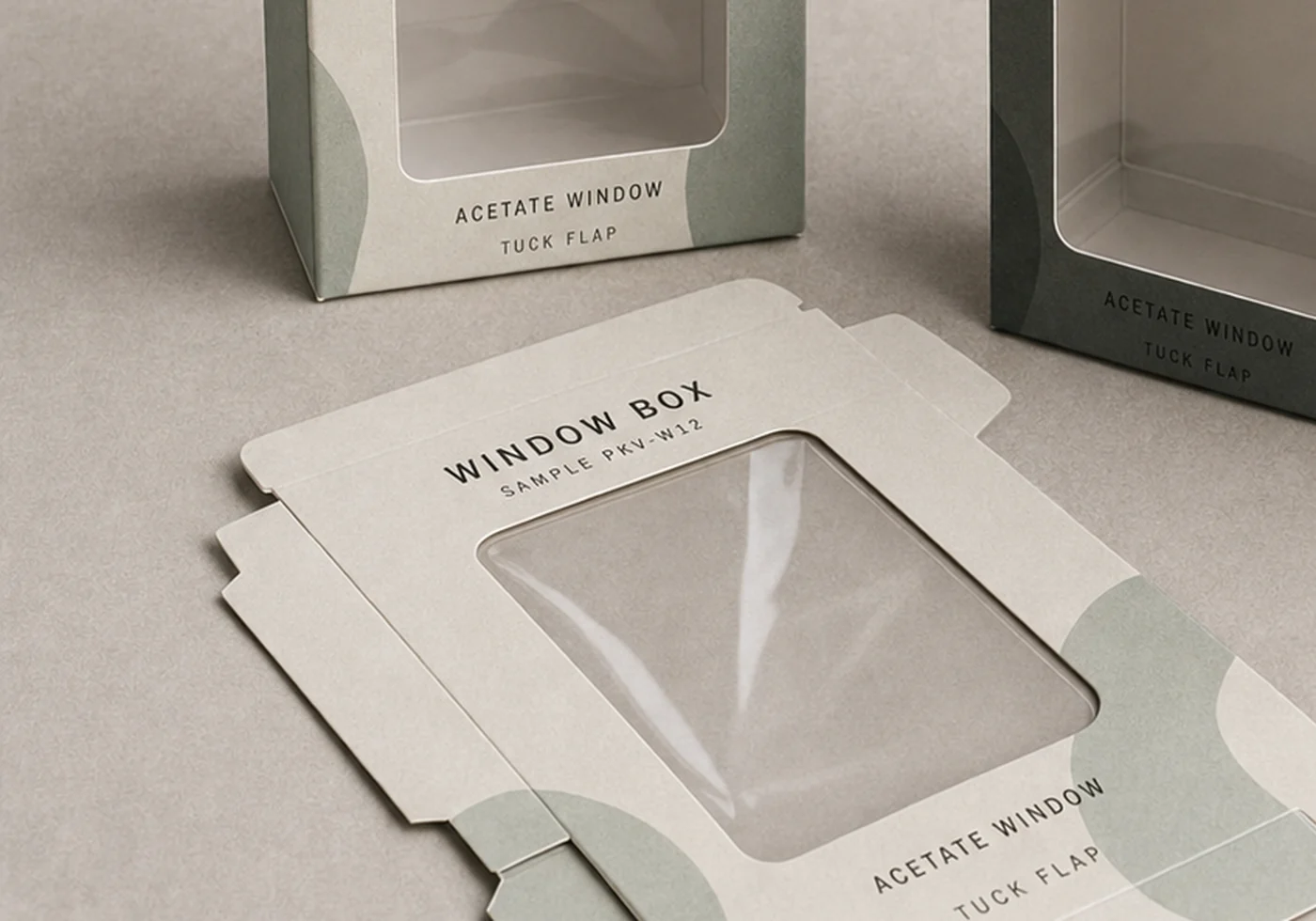 Flat window box dieline panel with acetate window film and folded carton tabs